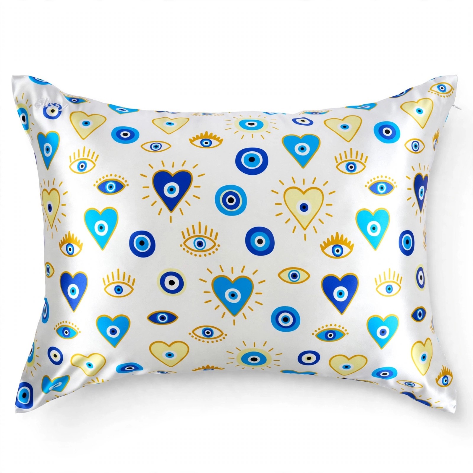 Mystic Blue Eye pillowcase with blue and yellow pattern.