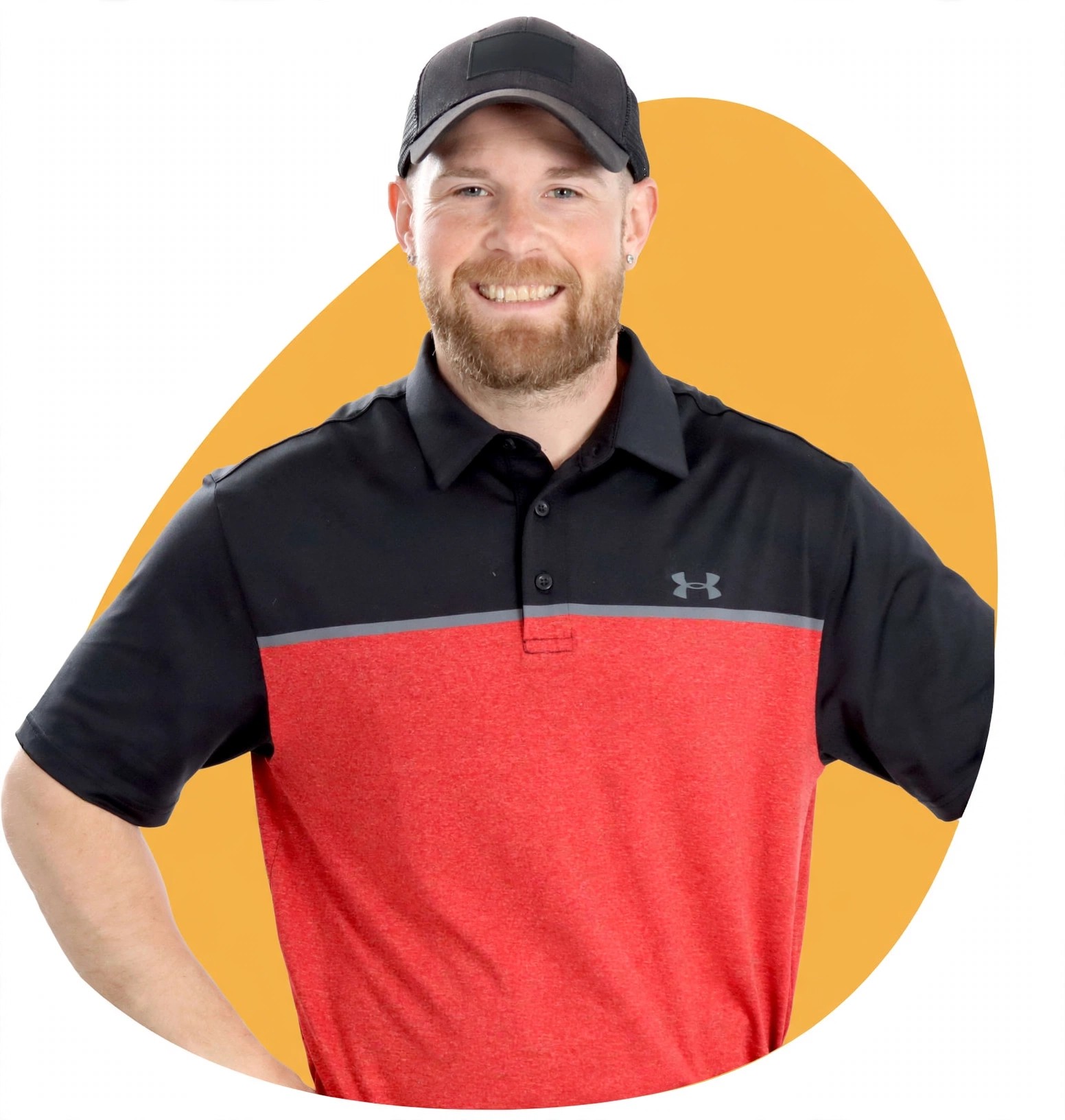Team member Mike posing in a red and black shirt.
