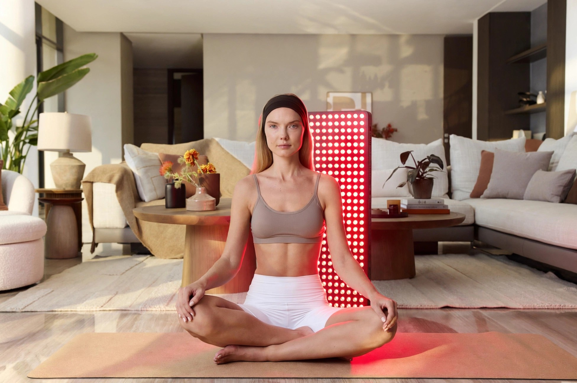 Woman meditating on a mat before a red light panel.