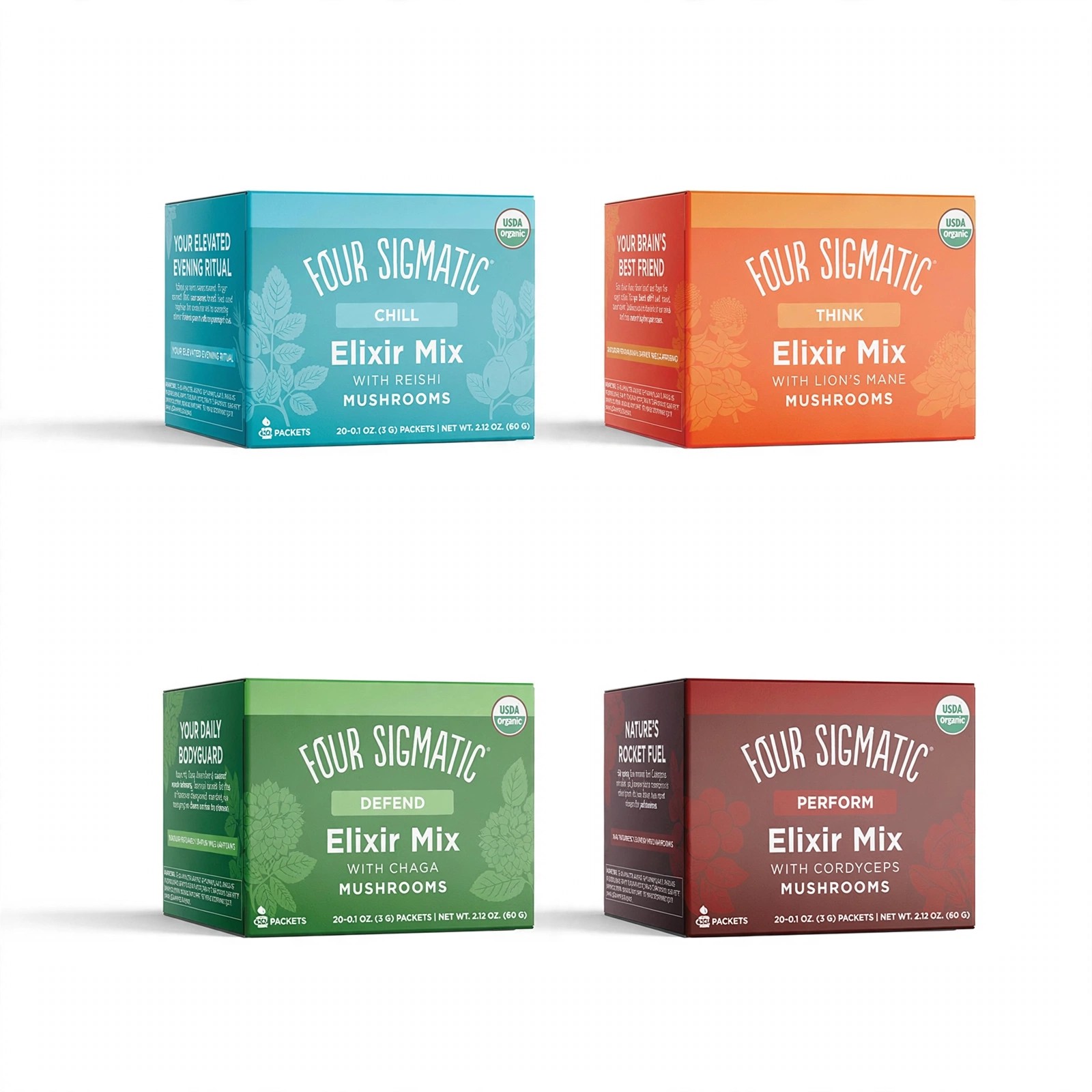 Assorted Four Sigmatic Elixir Mix packaging shown together.