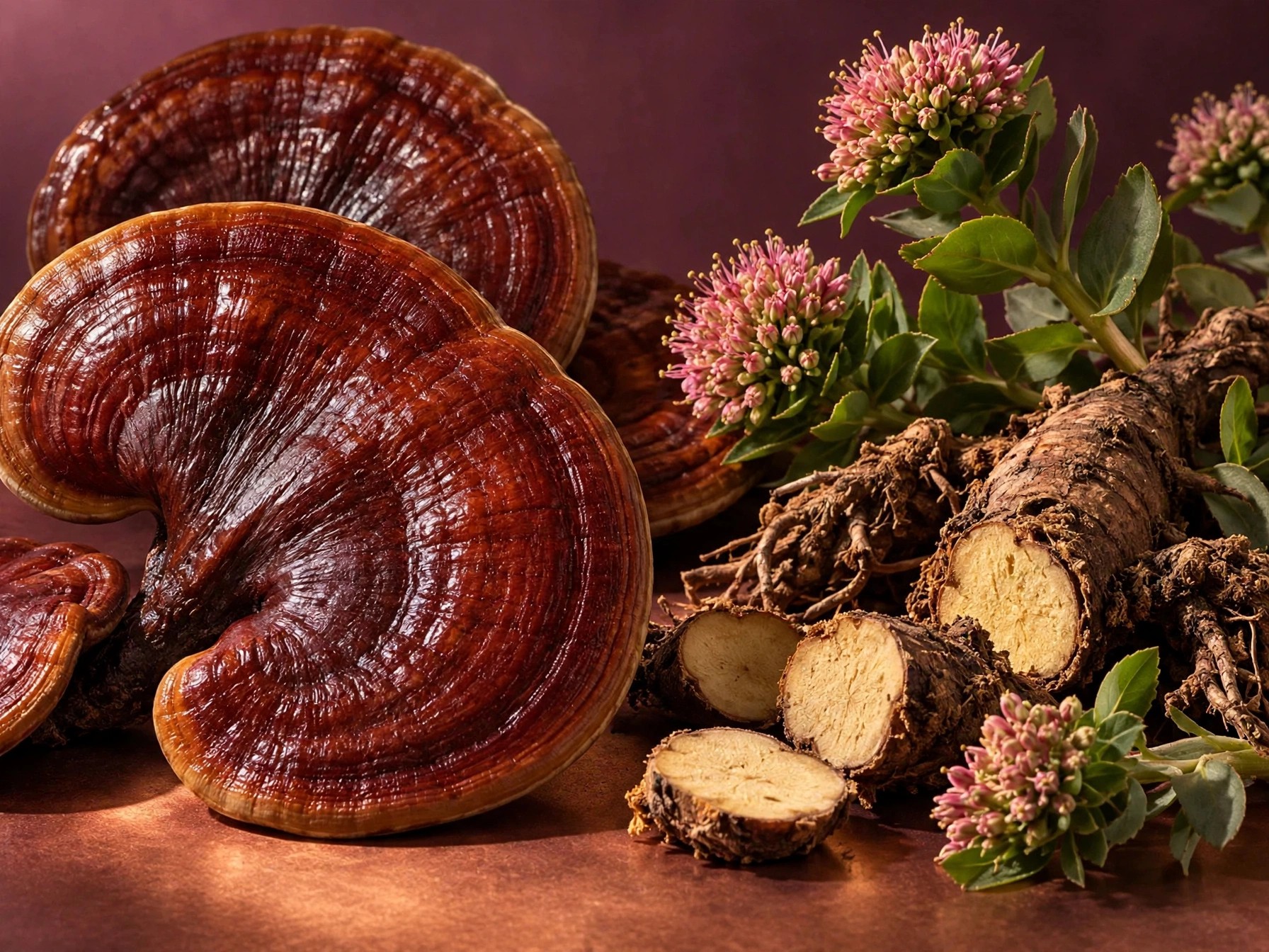 Close view of reishi and rhodiola ingredients with blossoms.