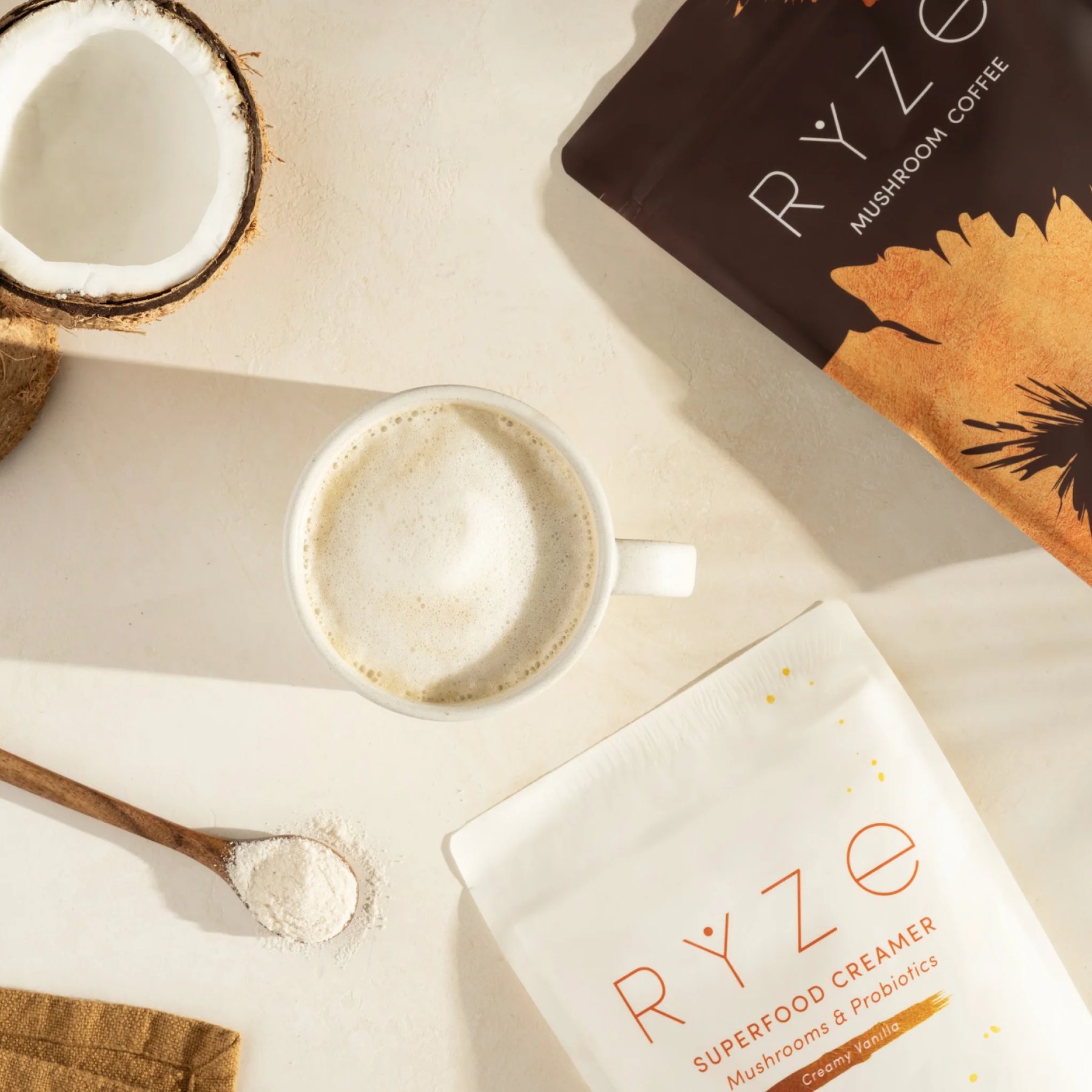 Top down styled photo of RYZE mushroom coffee served hot.